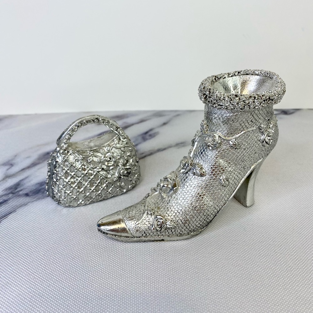 Silver toned Shoe and Purse Decorative Display figures